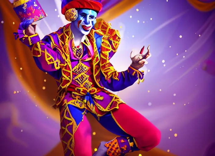 Image similar to award winning digital art of a attractive male jester wearing a traditional jester ’ s outfit, performing at a magnificent carnival with lots of colors, beautiful circus themed background, trending artstation, digital art, aesthetic, bloom, intricate, elegant, sharp focus, digital illustration, highly detailed, octane render, digital painting, concept art, witchlight carnival, masterpiece