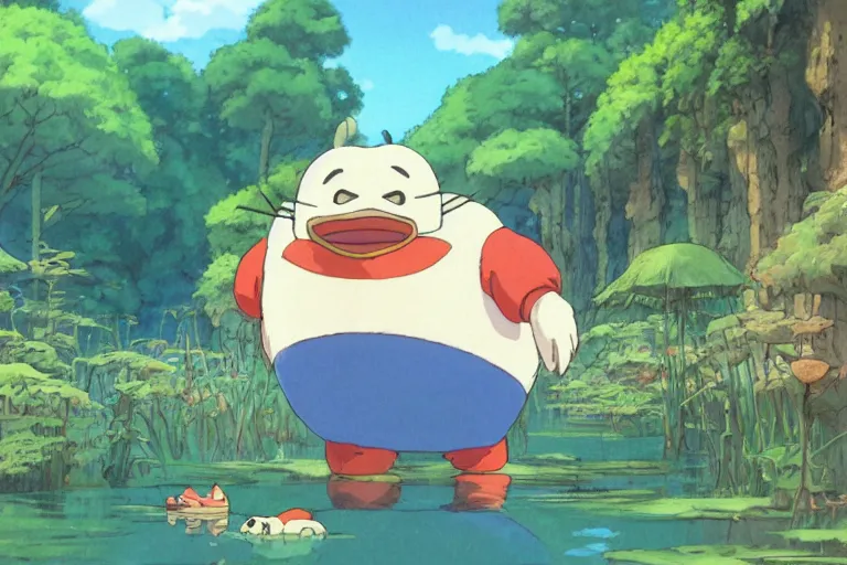 Prompt: a bright cute studio ghibli painting of a totaro dressed in a mallard duck costume, beautiful lighting, in the style of studio ghibli, artwork by Hayao Miyazaki and Isao Takahata, highly detailed, 8K, smooth, cinematic, vibrant colors, trending on artstation, japanese animation, stunning artistry and soaring imagination