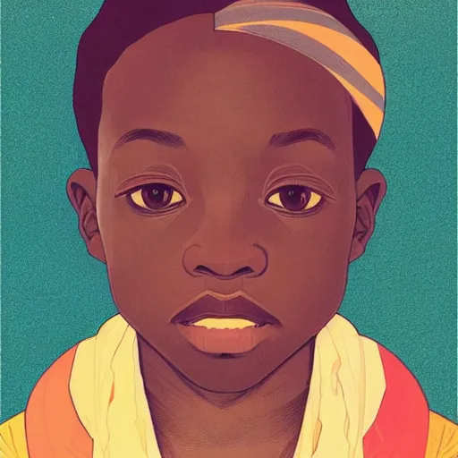 Prompt: colourful upper half portrait of an african boy - in japanese retro poster design illustration style, art by hsiao - ron cheng & alphonse mucha, highly detailed, digital painting, illustration, smooth, sharp focus, intricate, symmetry, pinterest, behance,