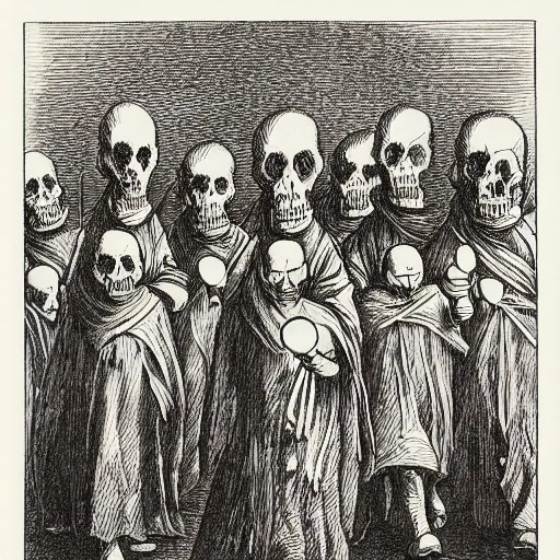 Image similar to illustration of tall monks walking in line holding candles and skulls, ralph steadman, de vinci, francisco goya