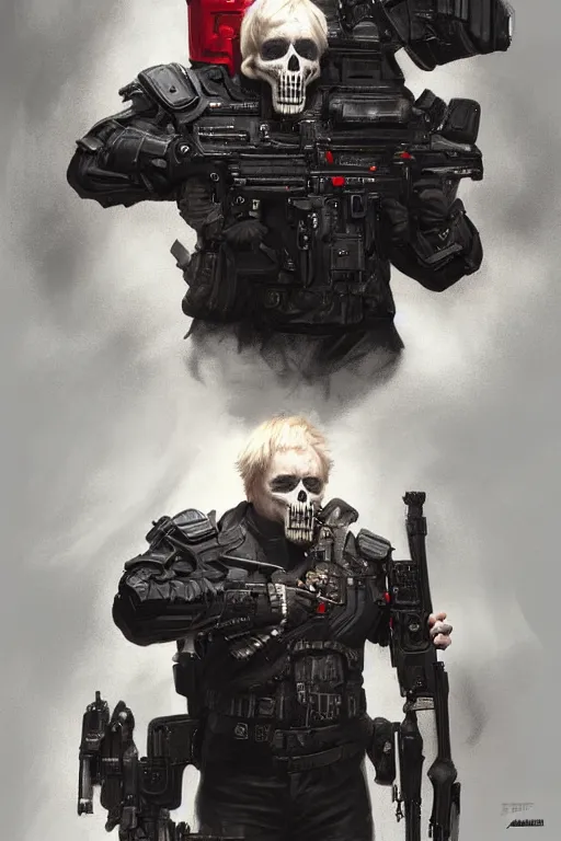 Image similar to a hyper realistic portrait of a Boris Johnson as Punisher, skull image on the vest, highly detailed, digital painting, artstation, concept art, smooth, sharp focus, illustration, cinematic lighting, art by artgerm and greg rutkowski and alphonse mucha