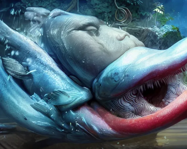 Prompt: of a very beautiful scene. ambient occlusion render. a sweet fat old woman is giving birth to a huge colorful fish. hyper realistic. 4 k. wide angle.. symmetrical face, red mouth, blue eyes. deep focus, lovely scene. ambient occlusion render. concept art. unreal engine. - n 9