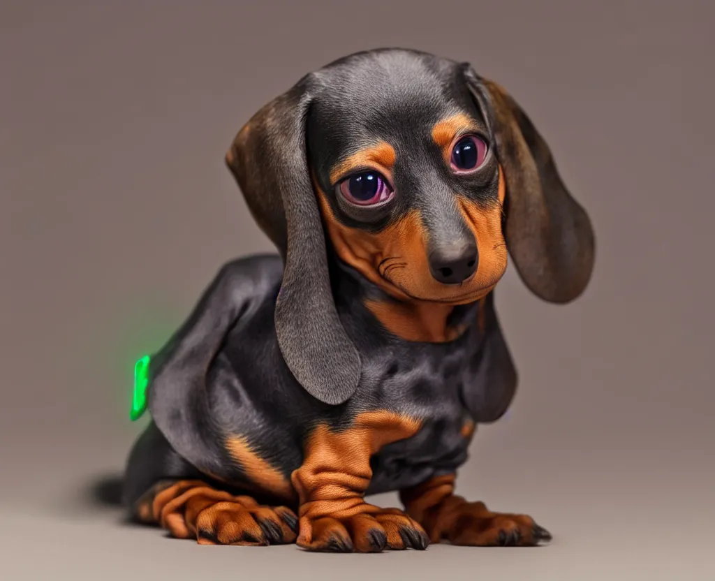 Prompt: a Dachshund cast as baby Yoda, still from The Mandalorian show, hyperrealistic, 8k, Octane Render,