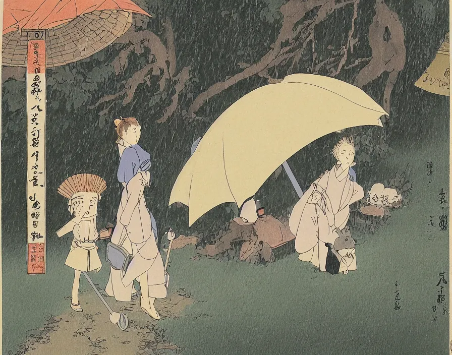 Prompt: female Retzling with short blond air, standing with big Totoro::20 at a japanese bus stop, holding an umbrella, in the dark forest, rainy night, Studio Ghibli, Hayao Miyazaki, Ukiyo-e, style Katsushika Hokusai,