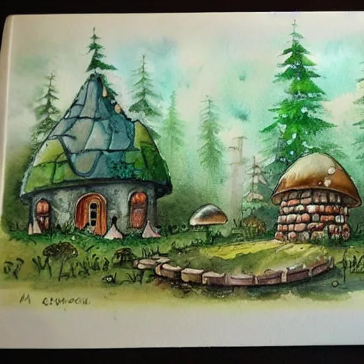 Prompt: vintage watercolor painting of a mushroom house in a magical forest grove, trending on artstation