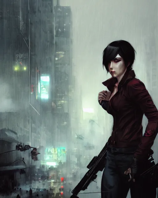 Image similar to battle hardened, sly, cunning, rugged ada wong, face centered portrait, confident, ruined cityscape, zombies, fog, rain, volumetric lighting, soft light particles floating near her, illustration, perfectly shaded, soft painting, art by krenz cushart and wenjun lin