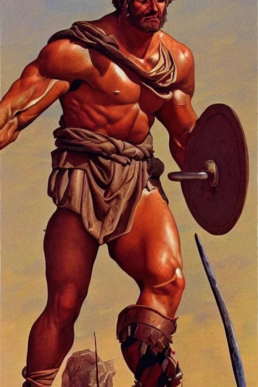 Image similar to Gladiator, muscular, detailed face, correct face, painting by Moebius