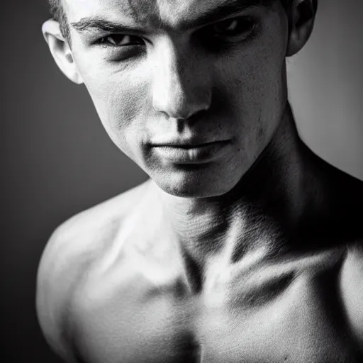Image similar to portrait of an infant with a chiseled jawline, muscles, and smug expression, looking to the side, dramatic lighting, b&w, gigachad