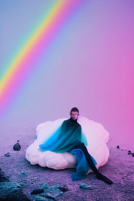 Prompt: high quality pastel coloured film photograph of a model wearing clothing resting on cloud furniture in a icelandic black rock environment in a partially haze filled dreamstate world. three point light, rainbow. photographic production. art directed. pastel colours. volumetric clouds. pastel gradient overlay. waves glitch artefacts. 8 k. filmic.