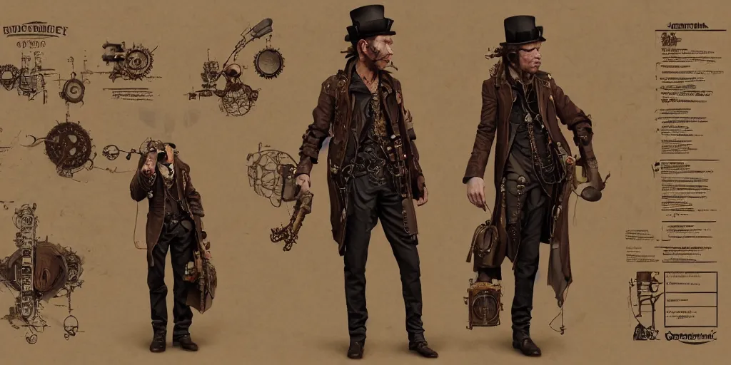 Image similar to steampunk Tom Waits design, character sheet, 3d render, Greg Rutkowski, Zabrocki, Karlkka, Jayison Devadas, Phuoc Quan, trending on Artstation, 8K, ultra wide angle, zenith view, pincushion lens effect