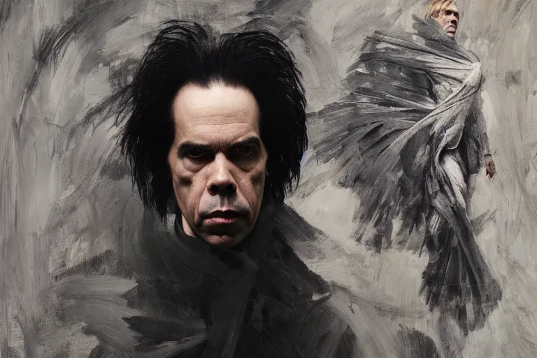 Image similar to a portrait of nick cave, masterpiece, dramatic lighting, painting by caravaggio and ruan jia and daytoner and jakub rebelka and szukalski