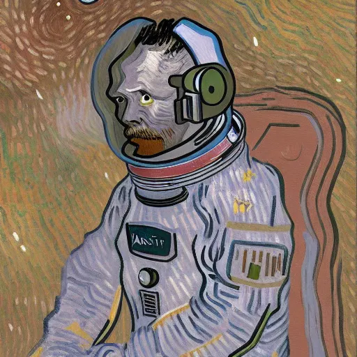 Image similar to Astronaut Lonely in the Galaxy - a painting by Van Gogh. very beautiful, HD detailed. Sad lighting, miserable emotions. The Astronaut is lost in the Galaxy.