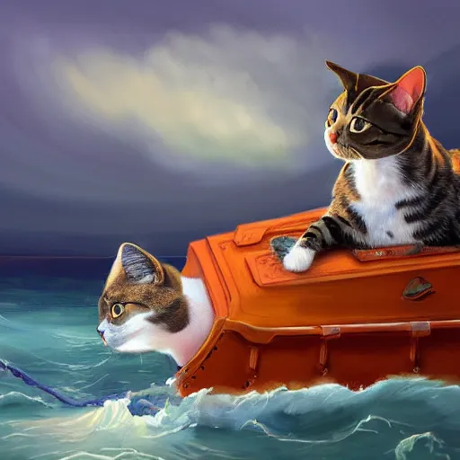 Image similar to a painting of a cat in a life-boat in the middle of the ocean. artstation. digital art.