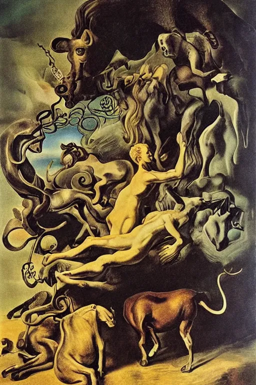 Prompt: Orpheus charming the beasts. Engraving by Salvador Dali