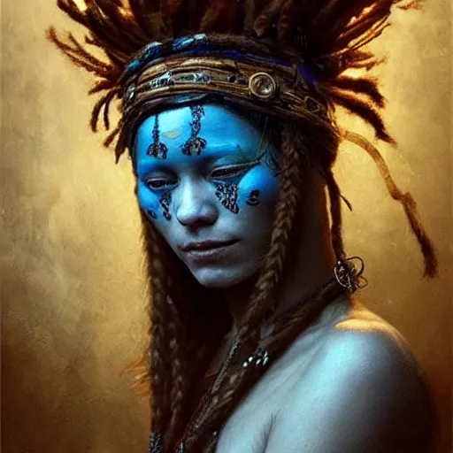 Image similar to A young blindfolded shaman woman with a decorated headband, in the style of heilung, blue hair dreadlocks and wood on her head, atmospheric lighting, intricate detail, cgsociety, ambient light, dynamic lighting, art by karol bak