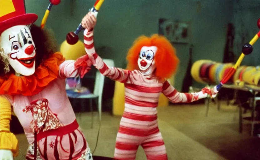 Image similar to 7 0 s movie still of jenny mccarthy in a clown outfit batting an octopus with nunchucks, kodachrome, cinecolor, cinestill, highly detailed, photorealistic, cinematic, film grain,