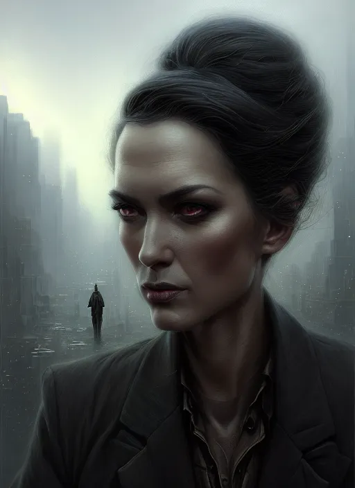 Prompt: closeup portrait shot of a noir detective in a scenic dystopian environment, intricate, elegant, highly detailed, centered, digital painting, artstation, concept art, smooth, sharp focus, illustration, artgerm, tomasz alen kopera, peter mohrbacher, donato giancola, joseph christian leyendecker, wlop, boris vallejo