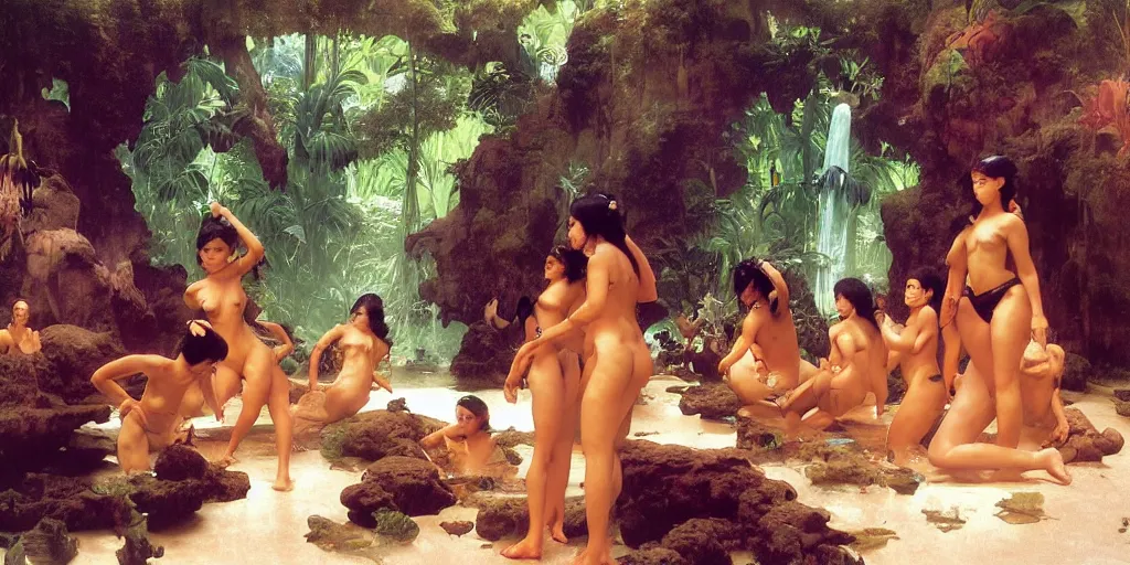 Image similar to a tropical cave that renovate as a luxury interior as a harem of beautiful women bathe in the waters by syd mead, frank frazetta, ken kelly, simon bisley, richard corben, william - adolphe bouguereau