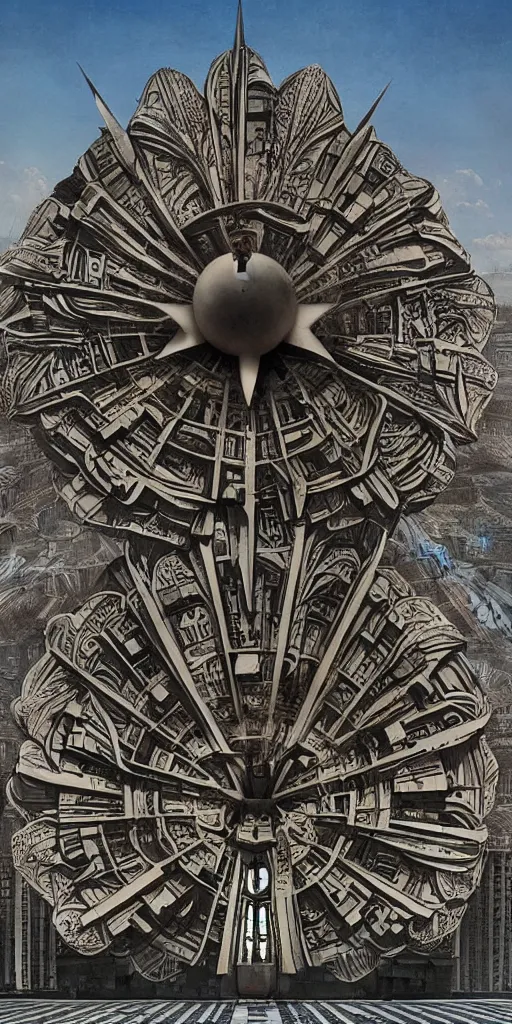 Image similar to colossal Beelzebub flower in the middle of post soviet constructivist cityscape, Stalinist architecture, brutalist architecture, ultradetailed, Intricate by MC Esher and Wes Anderson and H.R. Giger