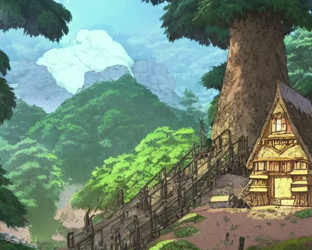 Prompt: mountain overseeing fantasy village next to a forest, studio ghibli style, hayao miyazaki, award winning photograph, highly detailed, artstation, hd wallpaper