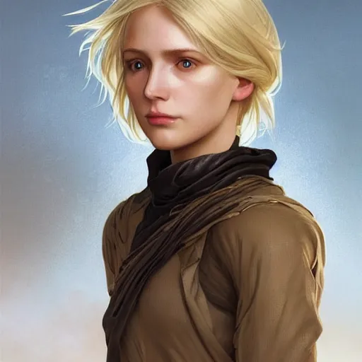 Image similar to Blonde Girl from Death Stranding with thin lips, pronounced cheekbones, hair of medium length (longer caret), highly detailed, digital painting, artstation, concept art, smooth, sharp focus, illustration, ArtStation, art by artgerm and greg rutkowski and alphonse mucha and J. C. Leyendecker and Edmund Blair Leighton and Katsuhiro Otomo and Geof Darrow and Phil hale and Ashley wood and Ilya repin and Charlie Bowater