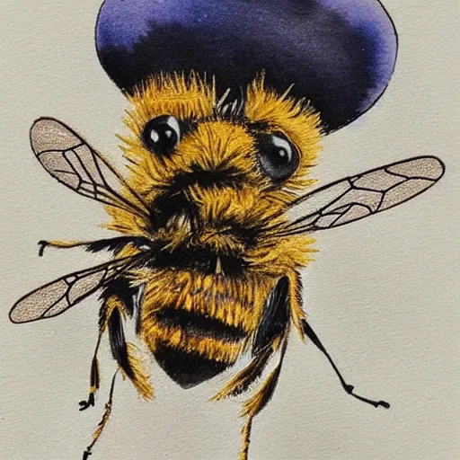 Prompt: a watercolor of a honeybee wearing a top hat