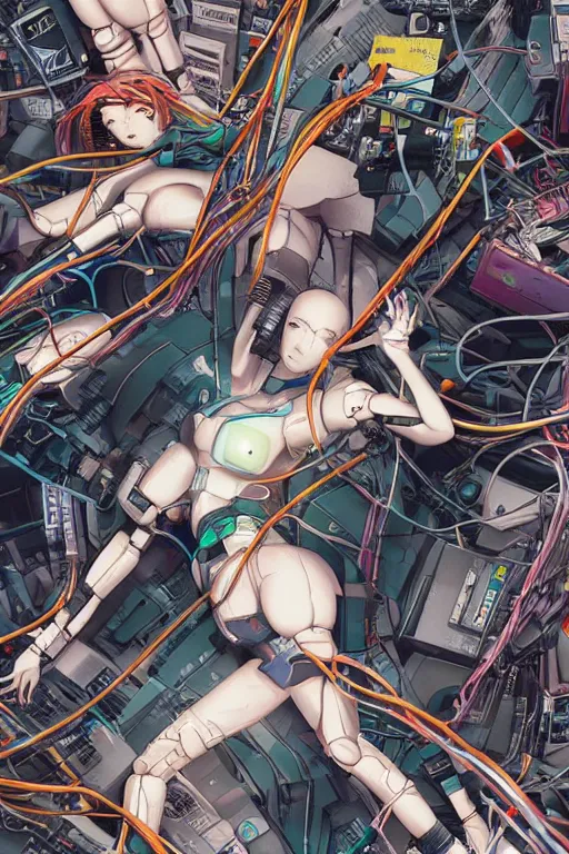 Image similar to cyberpunk anime illustration of a group of female androids lying on an empty white floor in various poses with their bodies open showing a tangled mess of wires and cables coming out, by katsuhiro otomo and masamune shirow, hyper-detailed, colorful, beautiful, bird view