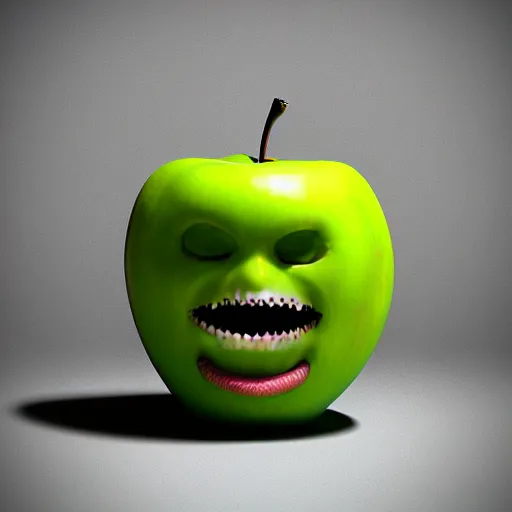 Prompt: An apple with monster teeth, photorealistic, 4k, octane render