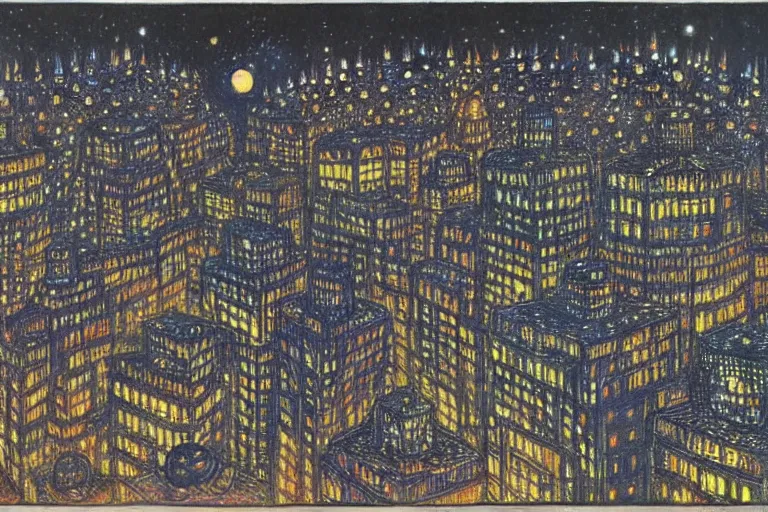 Prompt: a scifi illustration, Night City on Geidi Prime by Louis Wain (1920)