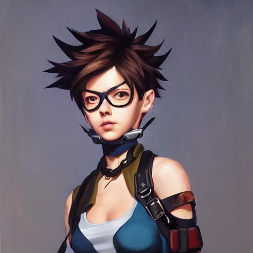 Image similar to oil painting of tracer overwatch in a field wearing spiked collar around neck, in style of raymond swanland, expressive face, wearing choker, steel collar, steel choker, wearing collar on neck, detailed face, detailed eyes, full body, feminine face, tracer overwatch,