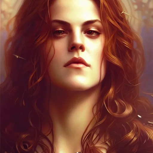 Image similar to beautiful young riley keough, closeup, d & d, fantasy, intricate, elegant, highly detailed, digital painting, artstation, concept art, matte, sharp focus, illustration, art by artgerm and greg rutkowski and alphonse mucha