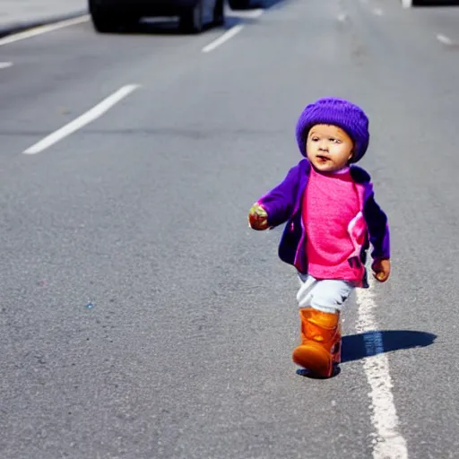 Image similar to photo of a toddler walking in the middle of traffic