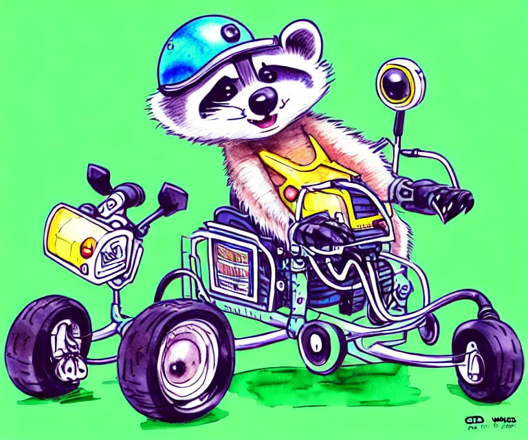 Image similar to cute and funny, racoon wearing a helmet riding in a tiny motorized wheelchair, ratfink style by ed roth, centered award winning watercolor pen illustration, isometric illustration by chihiro iwasaki, edited by range murata