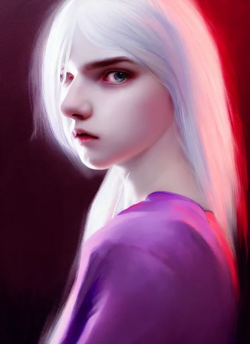 Image similar to hair whitebangs hair, white hair, whitebangsblackhair, portrait of teenage girl with white bangs, red irises, purple clothes, intricate, elegant, glowing lights, highly detailed, digital painting, artstation, concept art, sharp focus, illustration, art by wlop, mars ravelo and greg rutkowski