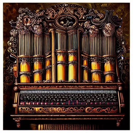 Image similar to steampunk pipe organ lp album art, intricate detail, mechanical, baroque oil painting