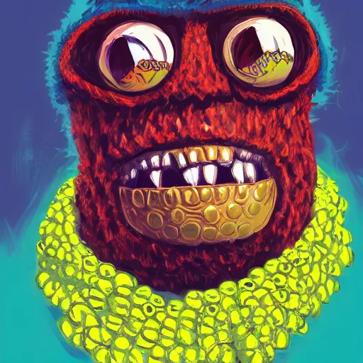 Image similar to a tennis ball monster wearing a balaclava and golden necklace , digital art, fantasy, magic, trending on artstation, ultra detailed, professional illustration by Basil Gogos