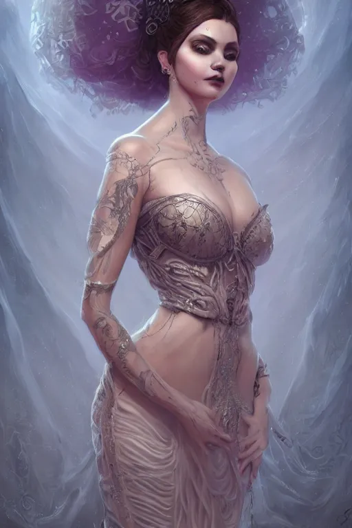 Prompt: ultra realist and ultra intricate detailed character concept art of a beautiful flirt muerte girl in a curvy long dress facing camera, symmetry features, sensual gloomy style, soft painting, volumetric light and fog, fantasy background, artstation, Tom Bagshaw artstyle, unreal render