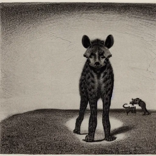 Image similar to giant hyena standing on a desert road at night, hard flash, by alfred kubin