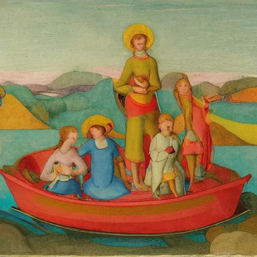 Image similar to The conceptual art depicts a group of well-dressed women and children enjoying a leisurely boat ride on a calm day. The women are chatting and laughing while the children play with a toy boat in the foreground. by Phoebe Anna Traquair flowing