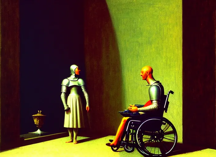 Image similar to knight in armor in a wheelchair do tricks & watch old tv, rome, highly detailed, soft lighting, elegant, by edward hopper and james gillard, zdislaw beksinski, stephen outram, andreas m wiese, carl spitzweg, highly detailed, masterpiece, unreal 6, 8 k