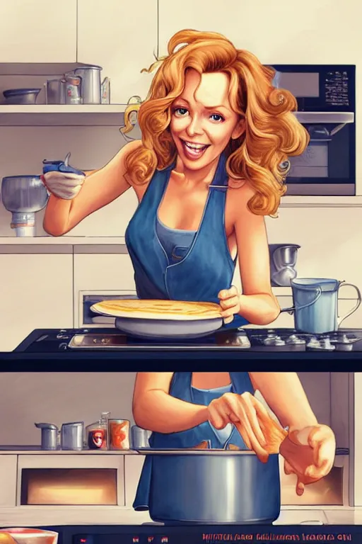 Image similar to kylie minogue making pancakes, animation pixar style, by pendleton ward, magali villeneuve, artgerm, rob rey and kentaro miura style, golden ratio, trending on art station