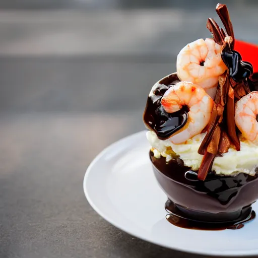 Prompt: dslr food photograph of an ice cream sundae with chocolate sauce and shrimps on top, 8 5 mm f 1. 4