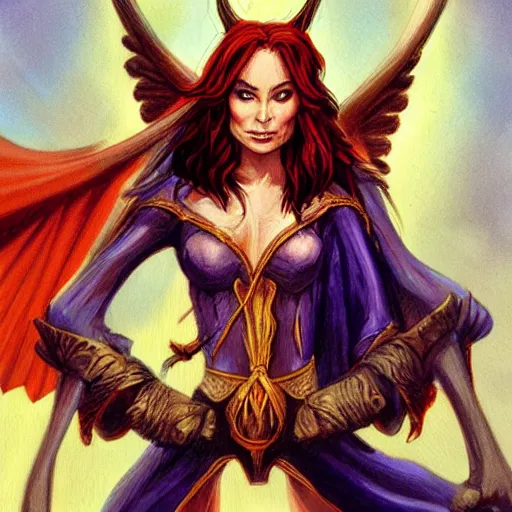 Image similar to Character portrait, face close up: Half Elf Female Celestial Warlock (with imp familiar). Tori Amos avenging angel. In the style of Ralph Horsley