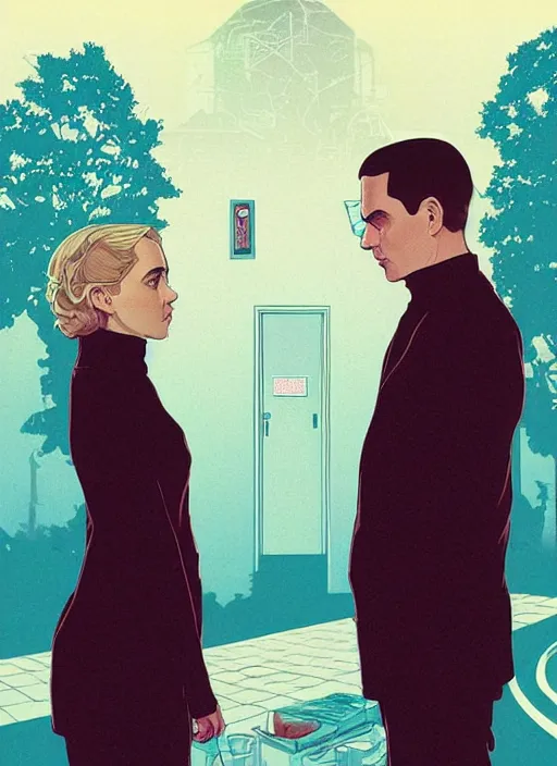 Image similar to poster artwork by Michael Whelan and Tomer Hanuka, Karol Bak of Kiernan Shipka wearing a turtleneck and lab coat meeting Alan Turing outside her apartment, from scene from Twin Peaks, clean