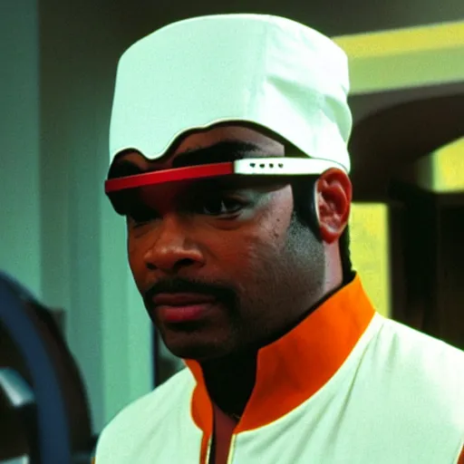 Image similar to Geordi LaForge wearing visor and a colander and random kitchen tools on his head