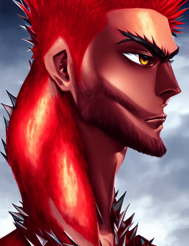 Image similar to a detailed manga portrait of a handsome tall man with spiked crimson hair in fiery crimson crystalline armour, trending on artstation, digital art, 4 k resolution, detailed, high quality, sharp focus, hq artwork, coherent, insane detail, character portrait