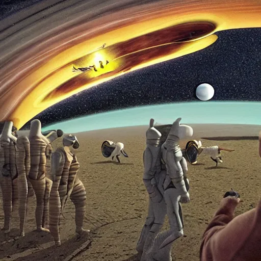 Image similar to hyperrealistic dslr film still of scene from farside comics of interstellar, inspired by gary larson, stunning 8 k octane comprehensive 2 d render, perfect symmetry, dim volumetric cinematic lighting, extremely hyper - detailed, extremely lifelike attributes & lifelike texture, intricate, masterpiece, artstation, stunning