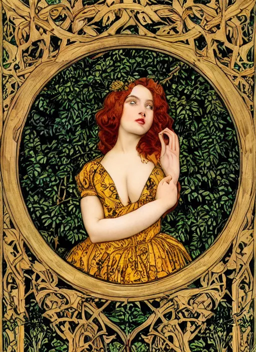 Prompt: masterpiece beautiful seductive flowing curves pinup pose preraphaelite portrait photography, extreme closeup face shot, straight bangs, thick set features, yellow ochre ornate medieval dress, amongst foliage mushroom forest arch, circle, william morris and kilian eng and mucha, framed, 4 k