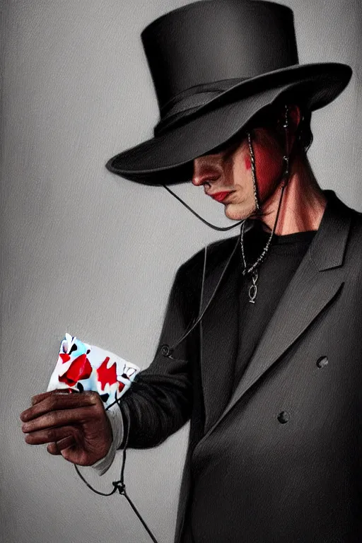 Prompt: blind folded modern street magician holding playing cards, realistic, modern, intricate, elegant, highly detailed, digital painting, artstation, concept art, addiction, chains, smooth, sharp focus, illustration, art by ilja repin