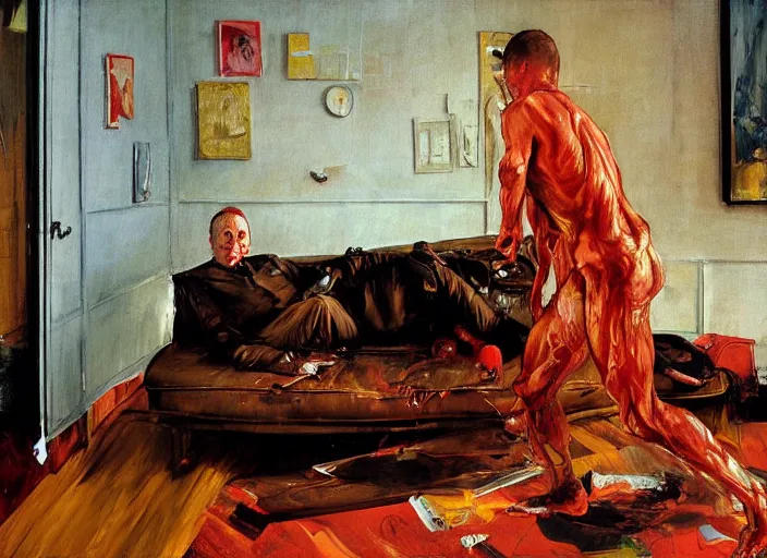 Prompt: it was just another evening. i was alone in my apartment, flipping through the channels on my tv. in the style of francis bacon, man alone on couch lucian freud, jenny saville, norman rockwell and james jean, edvard munch, and mark brooks, triadic color scheme, by greg rutkowski, in the style of edward hopper